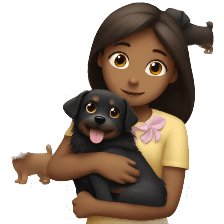 Girl hugging a Yorkshire black and brown dog emoji