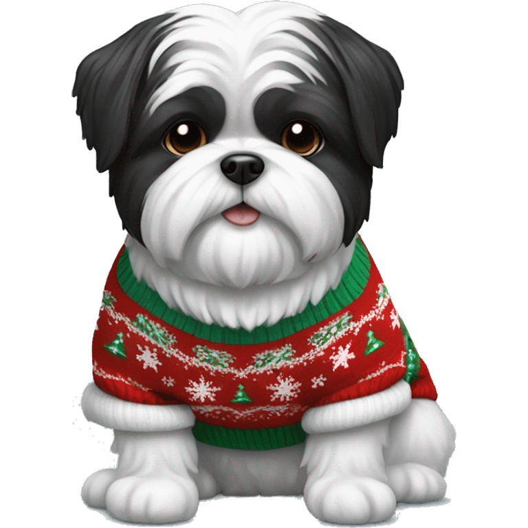 Black and white Shi tzu dog in Christmas sweater emoji