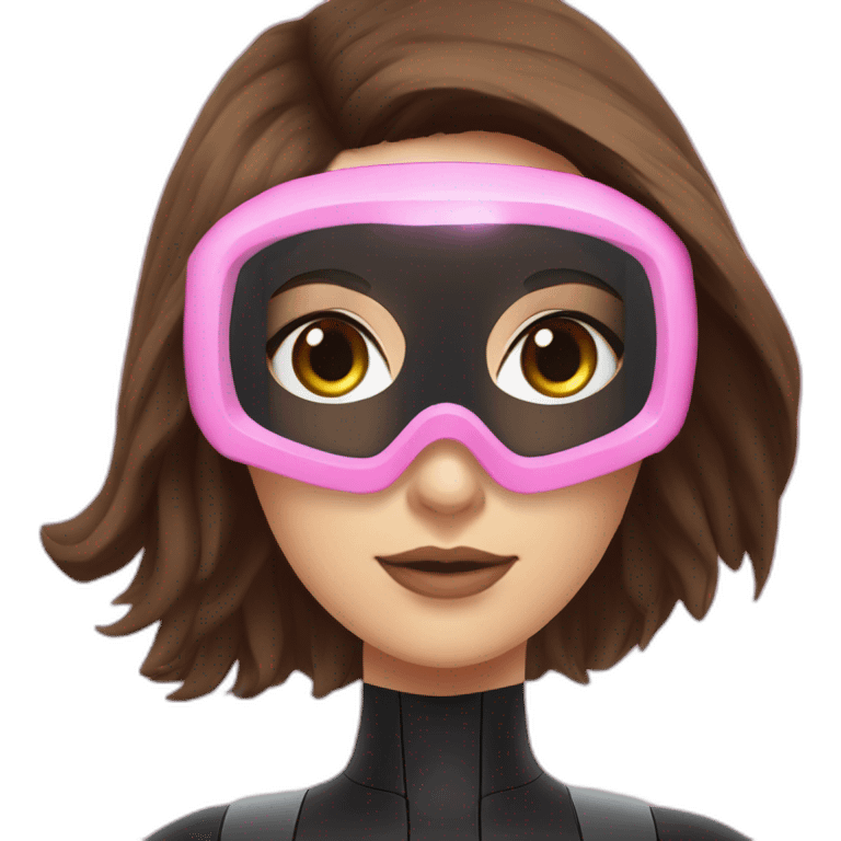 woman with brown eyes, large and long straight brown hair, pink diving mask with a single crystal. underwater black suit emoji