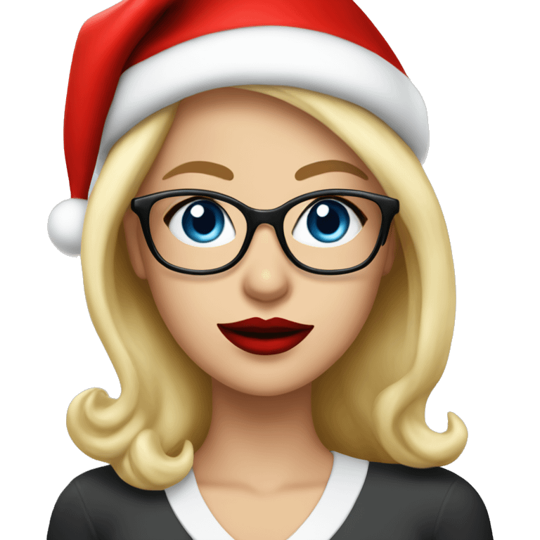 Beautiful blonde woman, blue eyes wearing santa hat and glasses and red lips  emoji