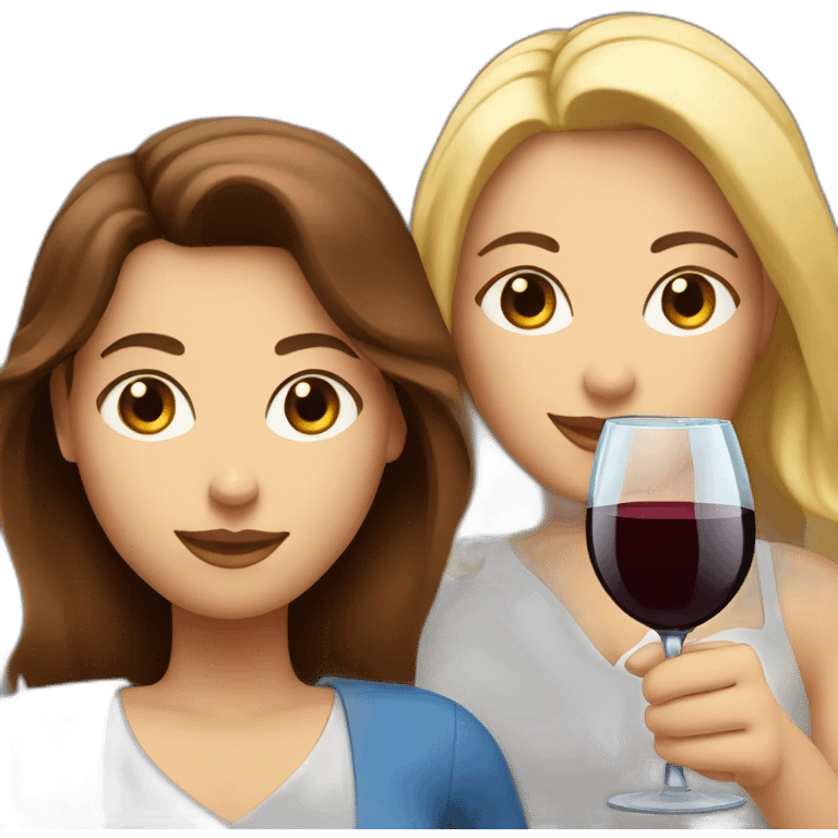 White woman with brown hair and brown eyes toasting with a red wine together with white woman with blond hair and blue eyes with red wine emoji