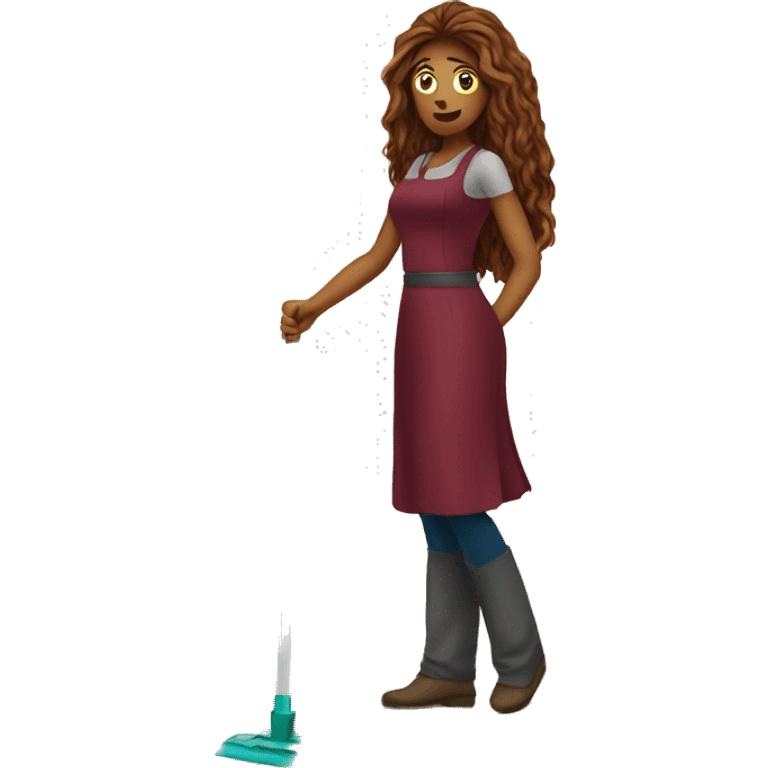 Beautiful burgundy long haired woman mopping the floor emoji