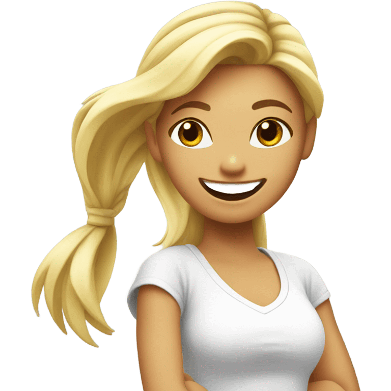 Blond girl smiling in with Zumba logo on white t-shirt emoji