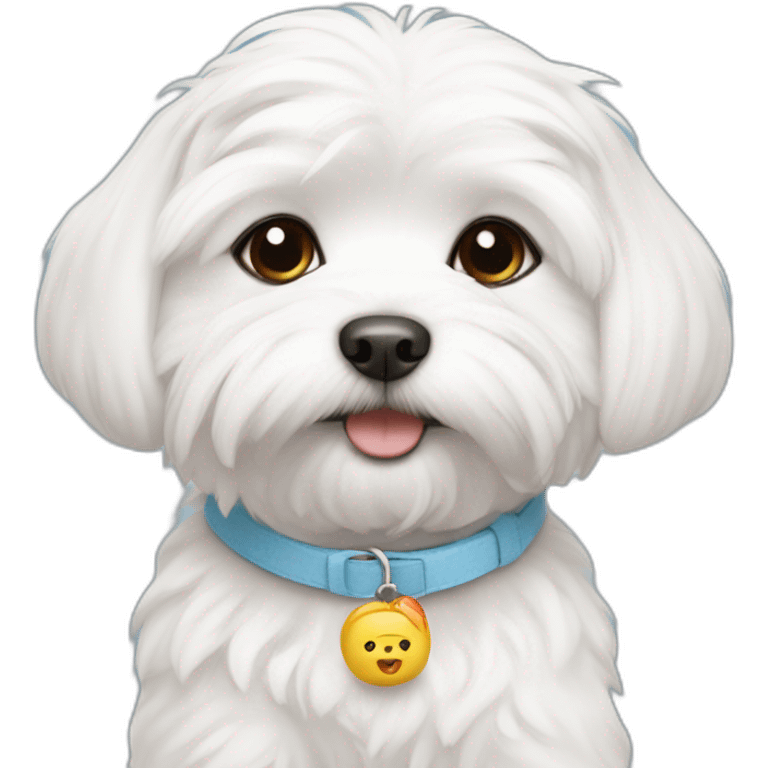 maltese puppy with collar that says Kimchi emoji