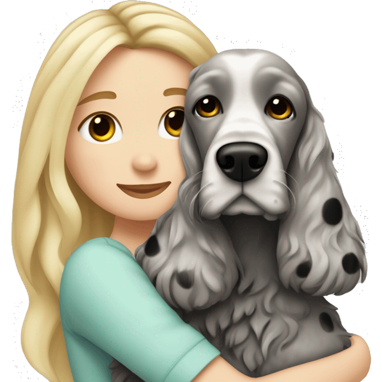 pretty blonde hair white girl is hugging a grey with black spots cocker spaniel emoji