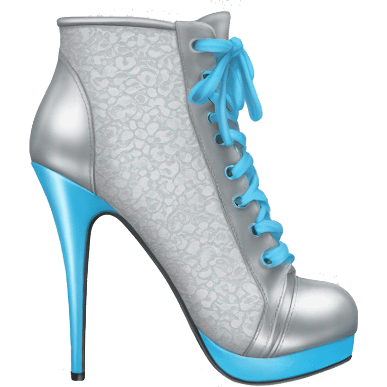 Realistic isolated pair of silver to white ombre high heel bootie boots shoes with sky blue lace. emoji