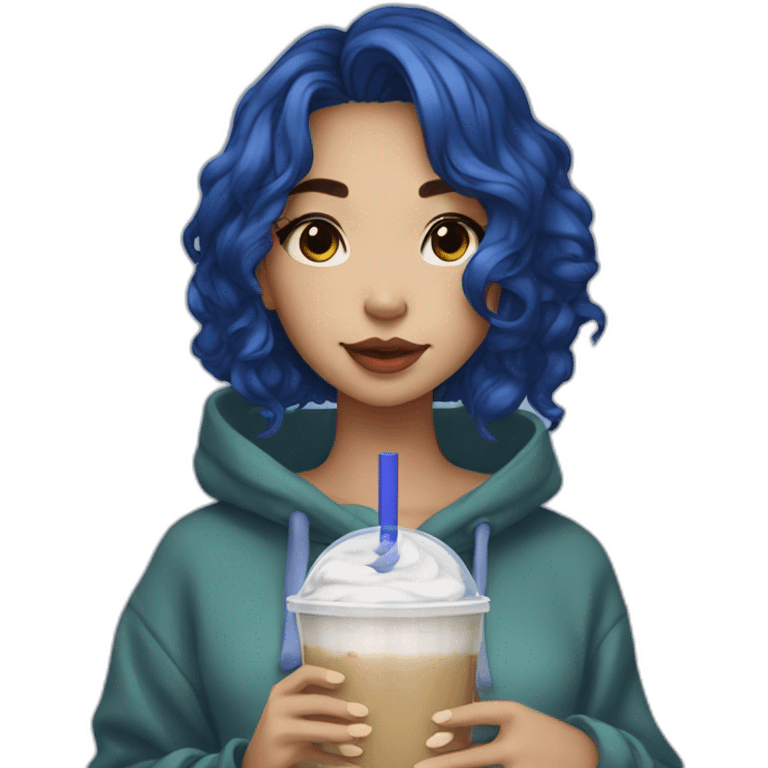 beautiful girl with midnight blue hair, hoodie, drinking boba emoji