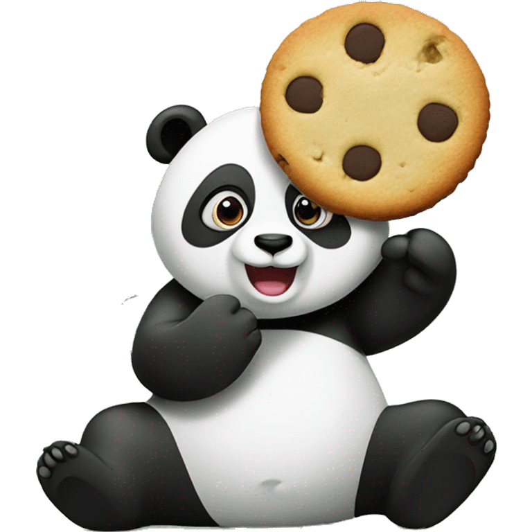 A panda waving hand with a cookieand bamboo in the background emoji