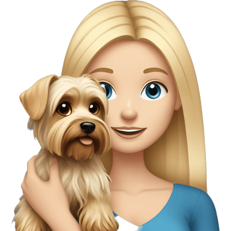 white girl with blue eyes and blonde hair holding a dog yorkshire terrier emoji