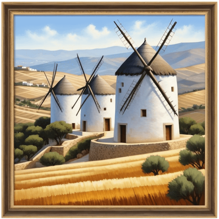 ​Cinematic Realistic Spanish Windmills (Mota del Cuervo), depicted as a cluster of gracefully aged windmills with weathered whitewashed facades and rustic wooden sails, standing proudly on a sunlit, rolling hillside of golden fields and olive groves, rendered with intricate textures and soft natural lighting that captures the timeless rural charm and historical significance of the Spanish landscape, emoji