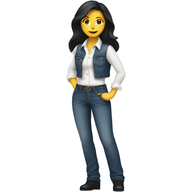 WOMAN DRESSED IN DENIM PANTS WITH WHITE BLOUSE, WITH YELLOW HELMET, LONG BLACK HAIR emoji