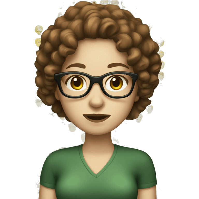 Cool woman with pale white skin, brown curly hair, glasses and green eyes emoji