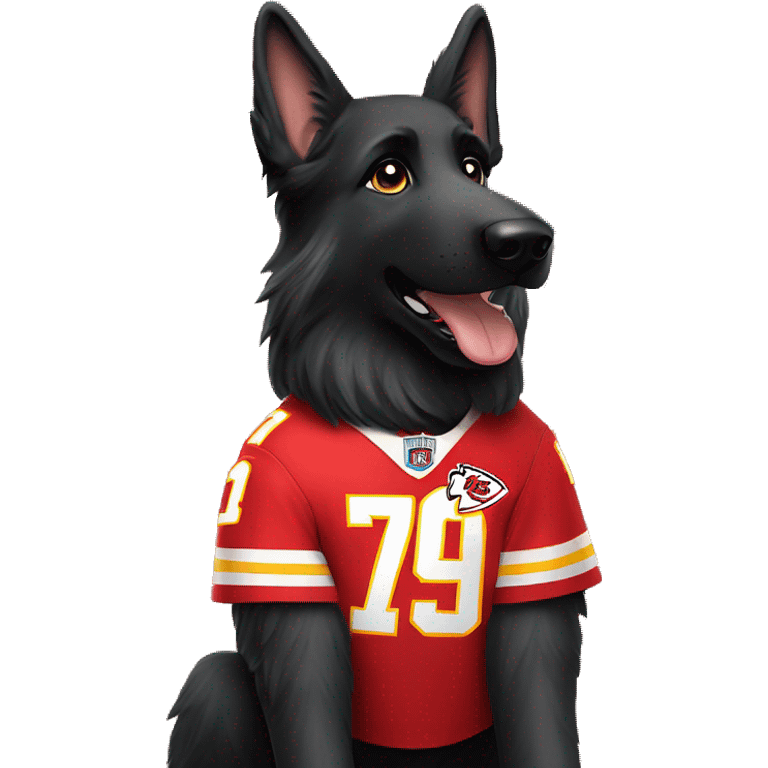 black long haired German Shepherd dog wearing a Kansas City Chiefs jersey with the number 1 on the jersey jersey  emoji