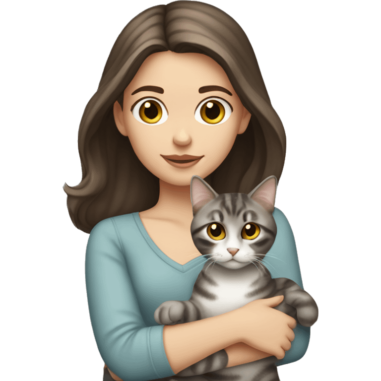 Long Dark brown haired white girl with hazel eyes holding gray tabby cat emoji