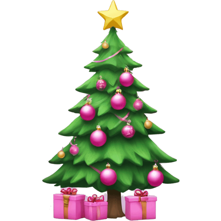 Christmas tree with pink ornaments and pink presents under the tree emoji