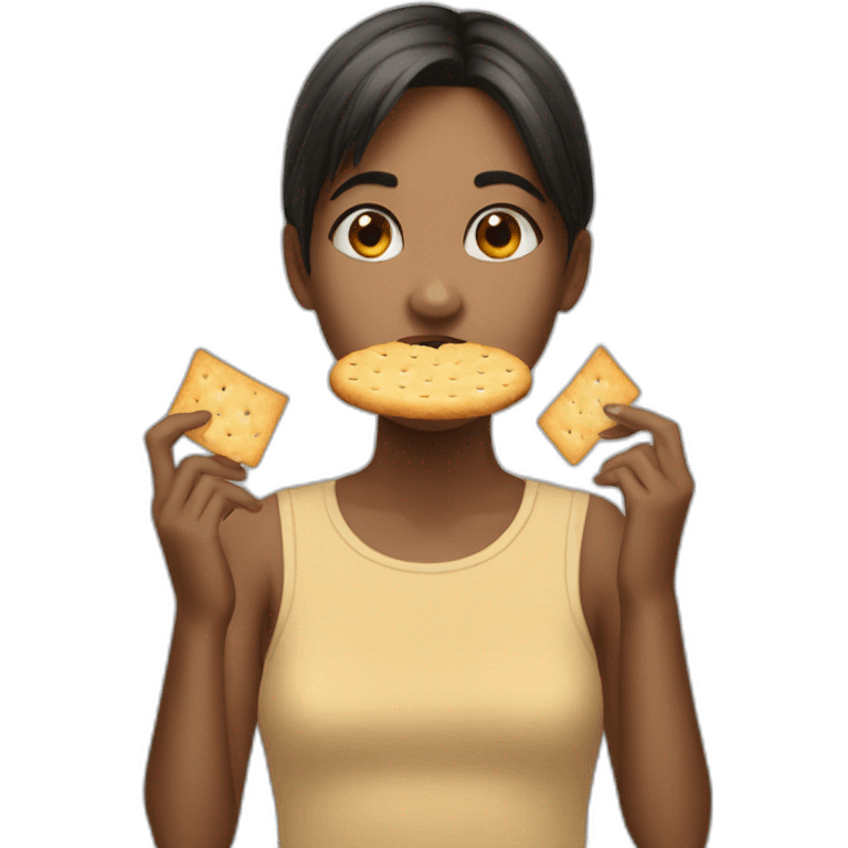 Girl with angru facing eating crackers emoji