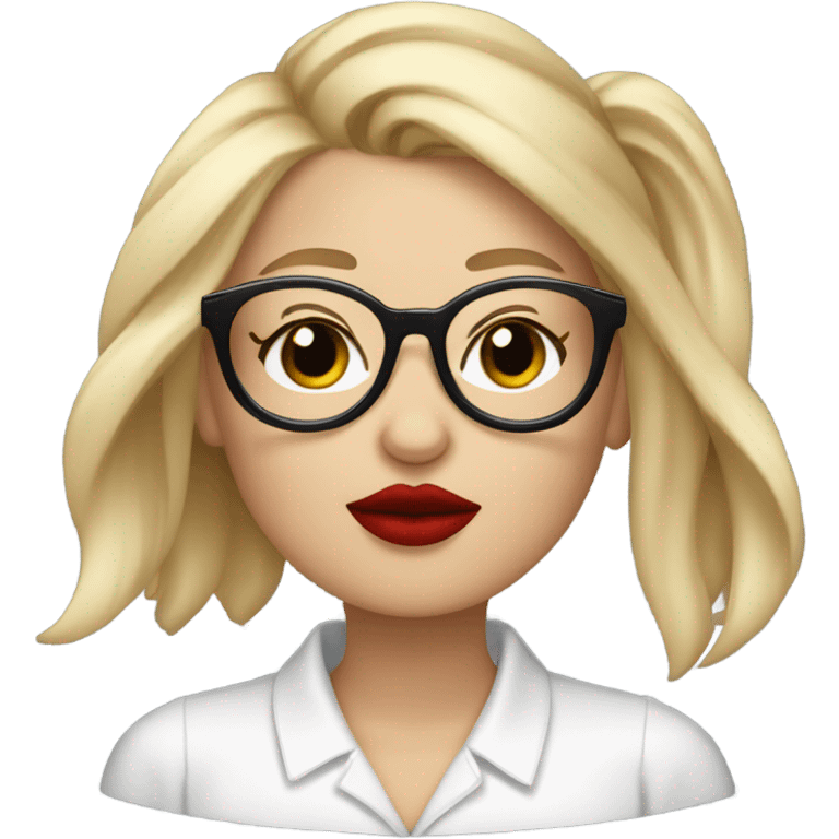 White girl, blonde hair, eyes closed, red lipstick,  wearing glasses kisses Yorkshire terrier  emoji