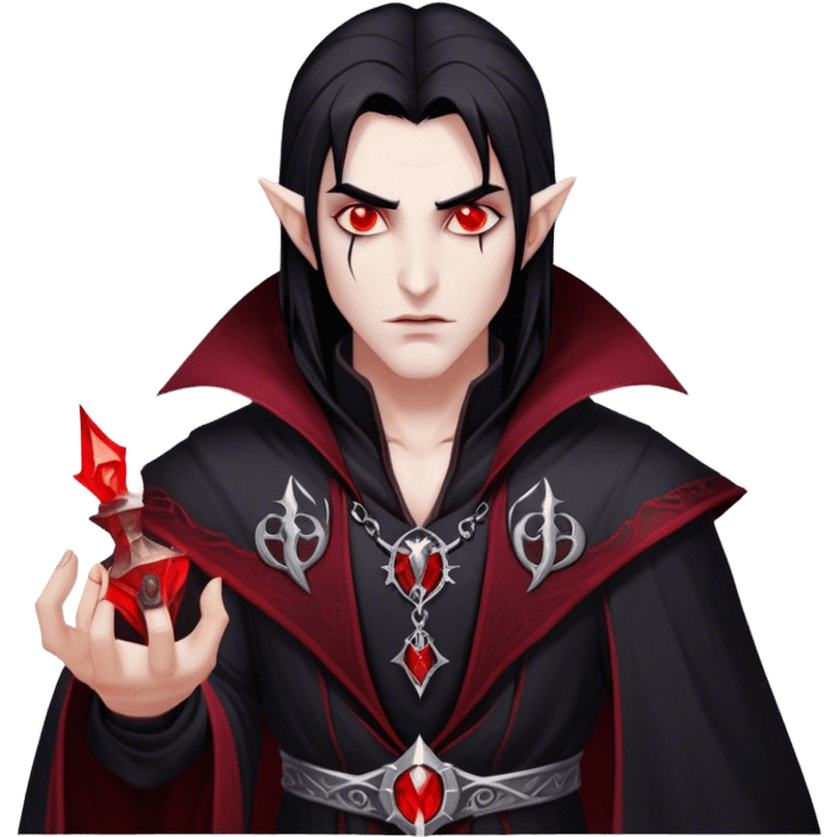 Cinematic Realistic WoW Vampire Mage Portrait, head tilted epicly and inquisitively, showcasing a commanding presence and ancient arcane mastery. His pallid skin and sleek dark hair are set against the intricately detailed black robe—with silver accents and mystical runes—that remains consistent in its shadowed elegance. His piercing crimson eyes blaze with forbidden power, rendered with dramatic, lifelike clarity and high shine, epic and awe-inspiring. emoji