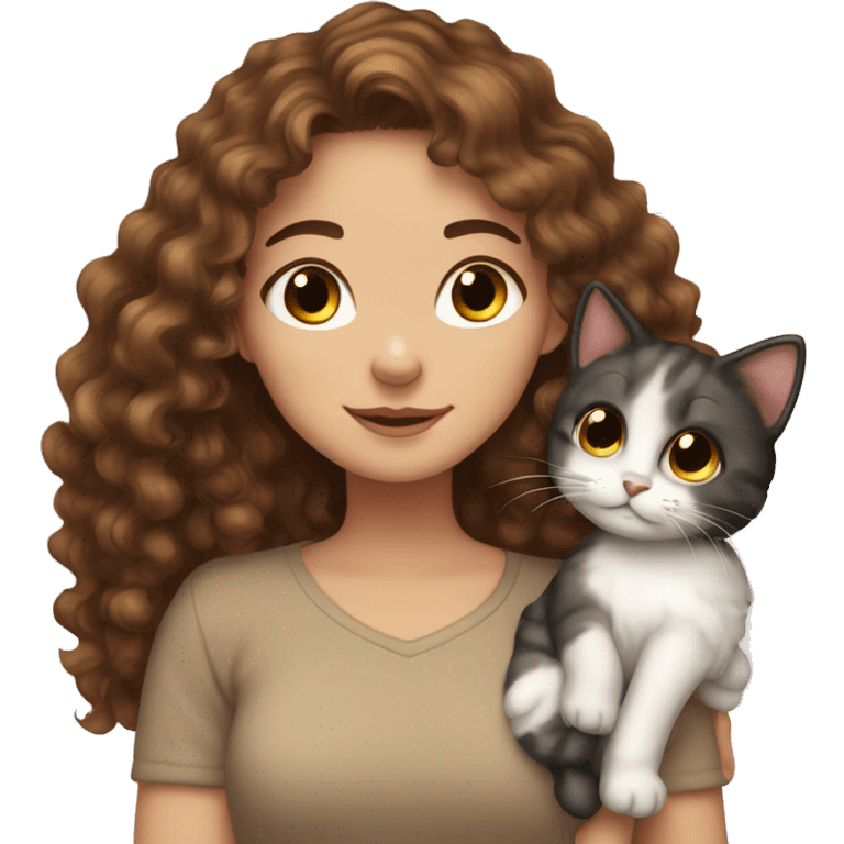 White girl Brown curly hair hug calico cat emoji