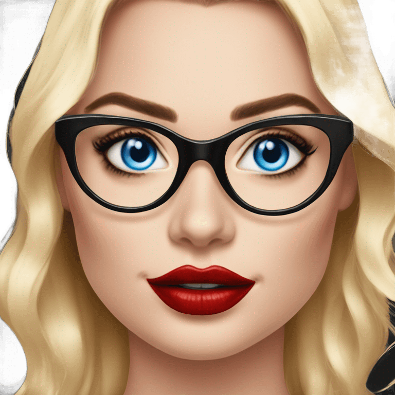  Margot Robbie, bright blue eyes and winged eye liner, red kisses, wearing black glasses  emoji