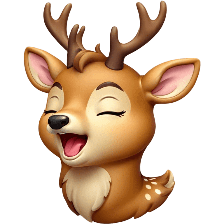 Cinematic Cute Yawning Deer Portrait Emoji, Head tilted slightly with a dramatic, wide-open yawn, revealing a soft, dappled coat and elegantly drooping ears, eyes barely open in drowsy contentment, Simplified yet irresistibly adorable features, highly detailed, glowing with a soft, cozy glow, high shine, relaxed yet expressive, stylized with a touch of natural whimsy, bright and endearing, soft glowing outline, capturing the essence of a sleepy yet affectionate deer, so drowsy it feels like it could stretch right out of the screen and curl up for a nap! emoji