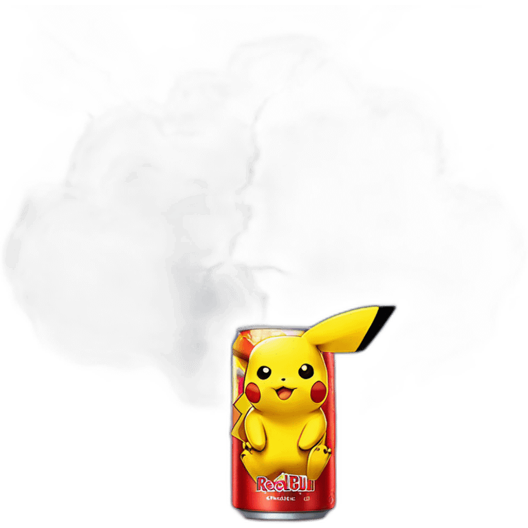 Pikachu drink red bull energy drink can on a cloud with lightning emoji