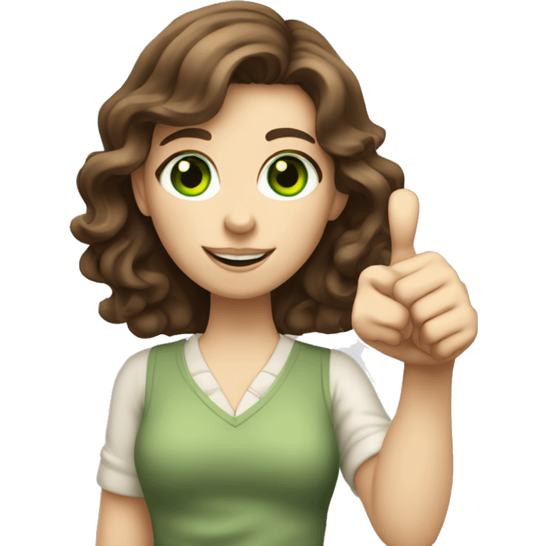 Wavy, brown haired girl with green eyes and pale skin giving a big thumbs up emoji