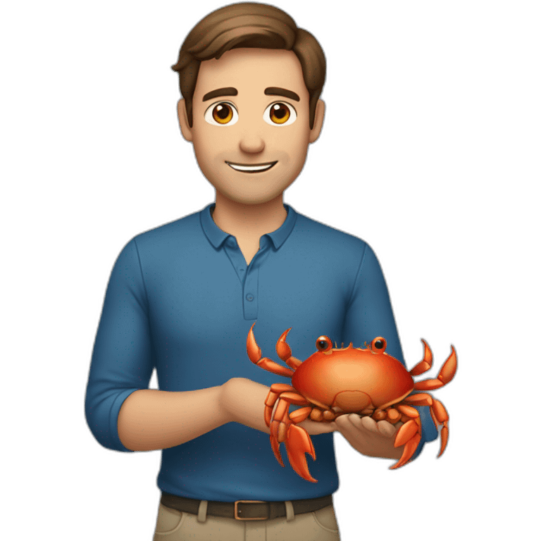 a man with brown hair is holding a crab emoji