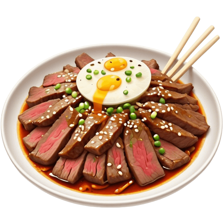 Bulgogi Cinematic Realistic Bulgogi Dish Emoji, depicted as thinly sliced, marinated beef stir-fried to perfection, rendered with dynamic textures and vibrant, appetizing lighting. emoji