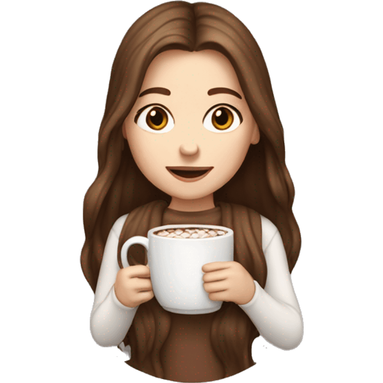 White girl with brown long hair and hot chocolate  emoji