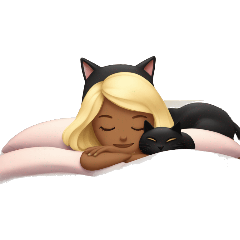 Blonde girl sleeping with black cat on bed emoji