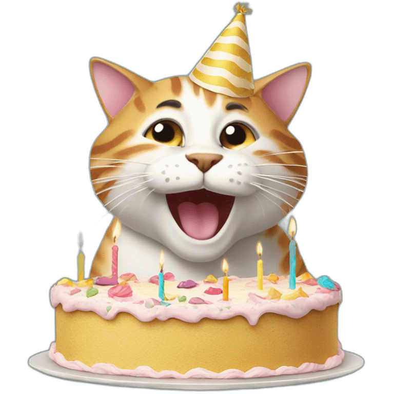 happy cat with party hat blowing out candles on a cake emoji