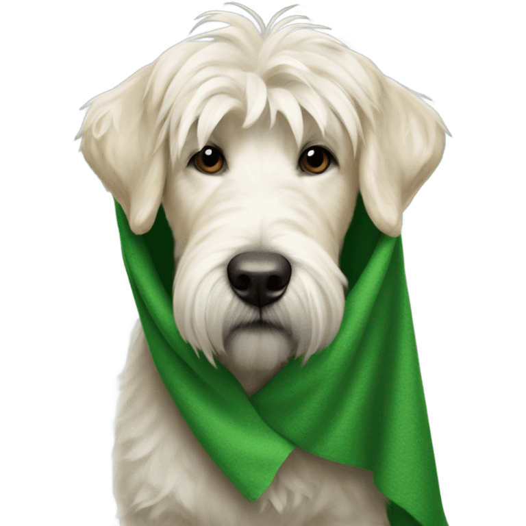 White Wheaten dog wrapped in a green blanket with its tongue sticking out emoji