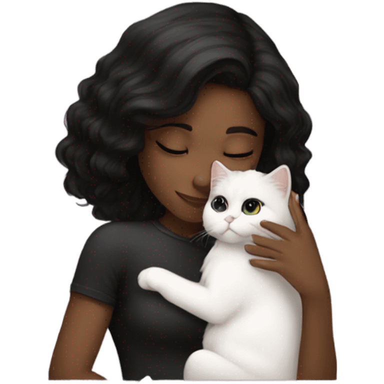 Black with dark hair girl kissing white Persian cat emoji