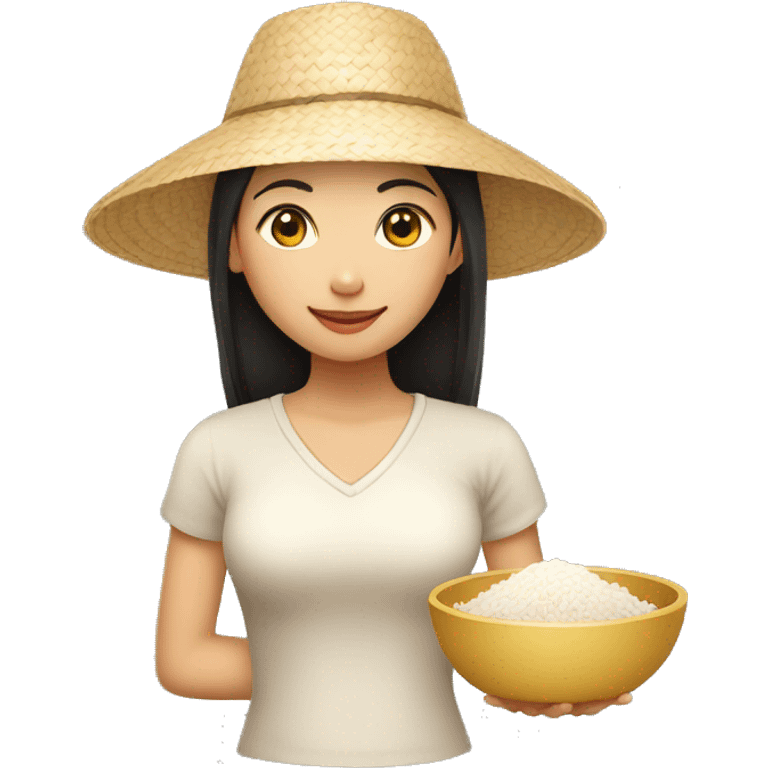 asian girl with a straw hat holding a bowl of rice emoji