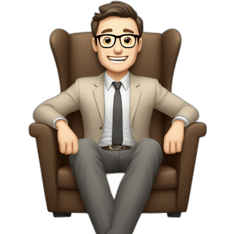 Joyful Celebrating victory Hands up Pale skinned Fit Man With dark brown hair in gray jacket, beige office shirt, Brown pants and vintage glasses sitting In a soft chair emoji