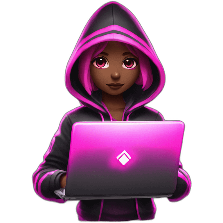 Girl developer behind his laptop with this style : Riot Games Valorant black pink glowing bright pink sparks character pink black hooded assassin themed character emoji