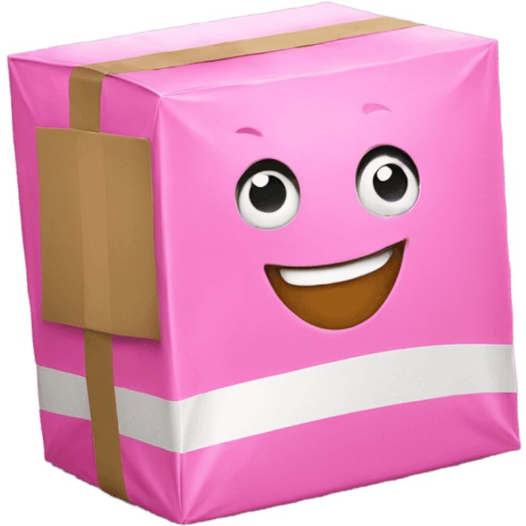 A smiling pink emoji holding a package. emoji