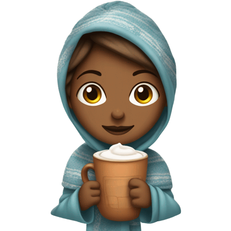 Carmel skinned girl drinking hot cocoa with a blanket around her emoji