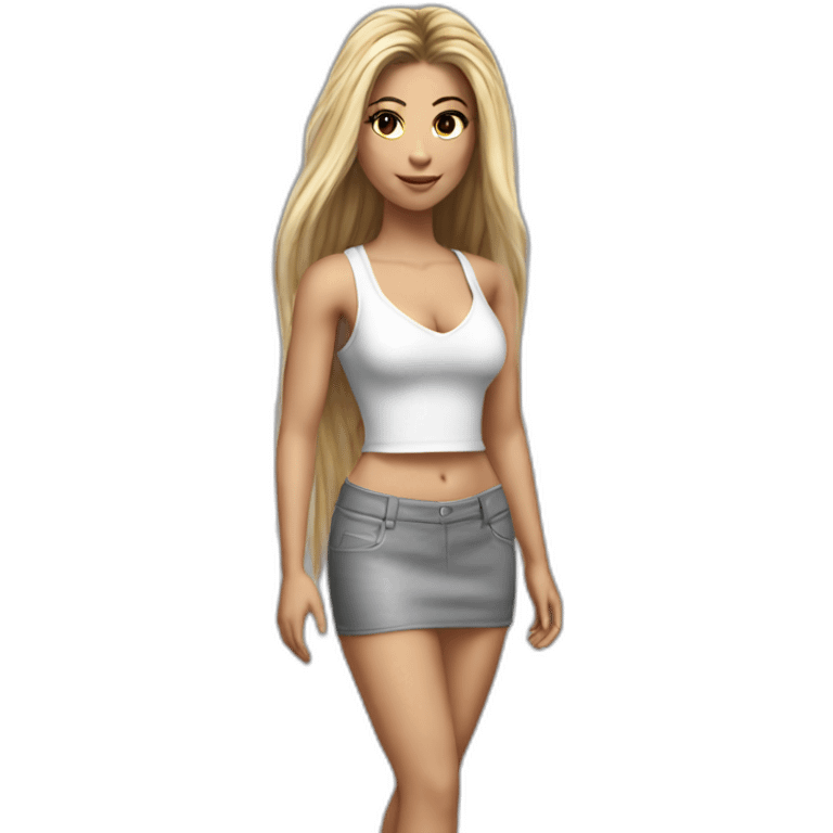 hyperrealistic shakira, long straight hair, white deep v-neck crop tanktop, gray tight mini skirt, walking body view emoji