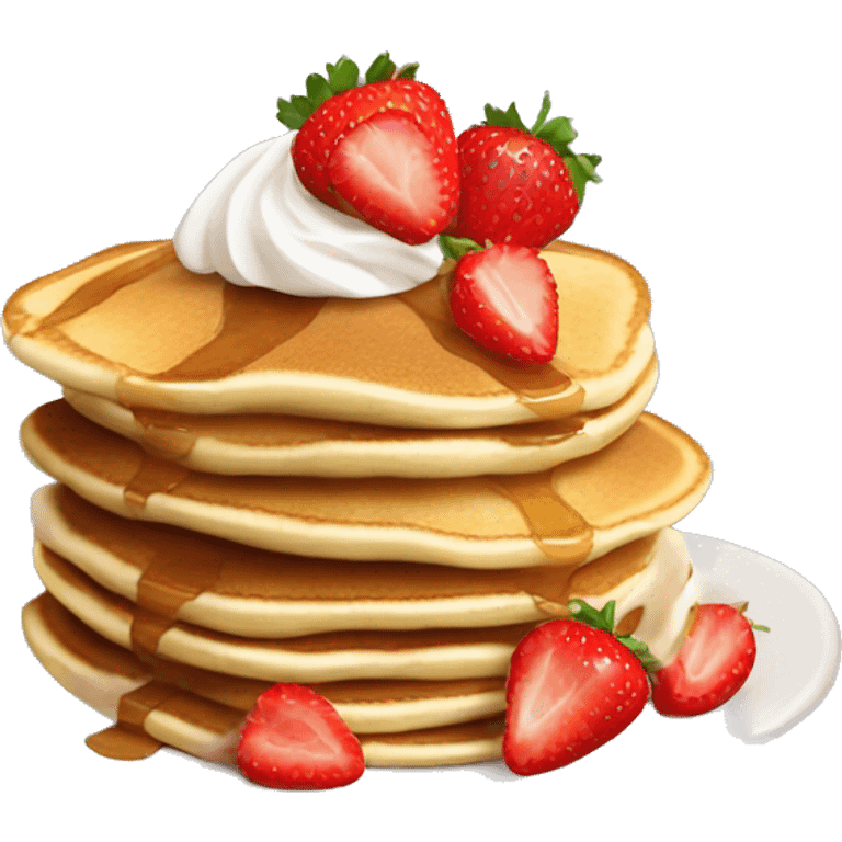 3 stacked pancakes with some strawberries and whipped cream on top emoji