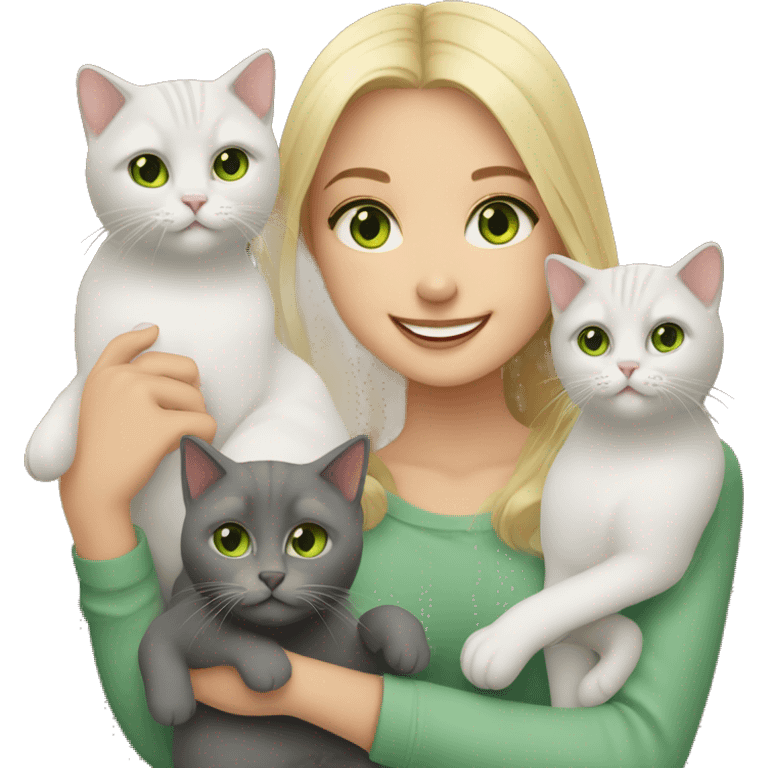 Me( blond girl with green eyes) smiling and holding British shorthair cats emoji