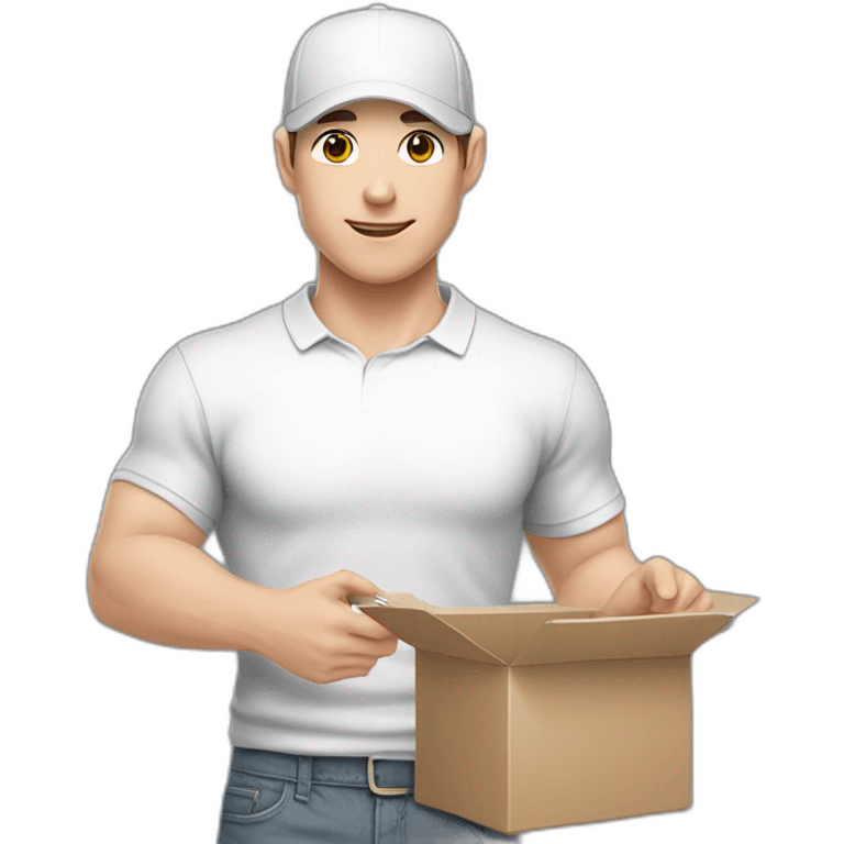 Pale skinned fit Man with dark brown hair in a white cap, gray jeans and gray polo T-shirt keeping a pasted with tape box into his hands emoji