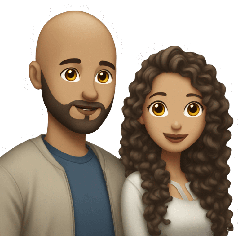 Kissing moment, bald light skin man, brown beard, light skin girl, long black curly hair emoji