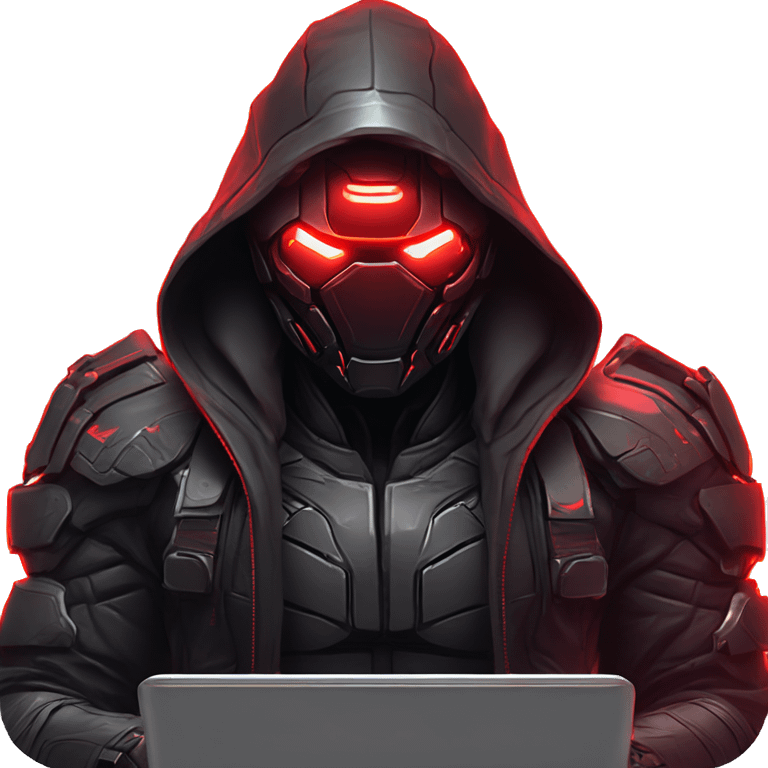 developer behind his laptop with this style : crysis Cyberpunk Valorant neon glowing bright red character dark red black hooded assassin themed character emoji