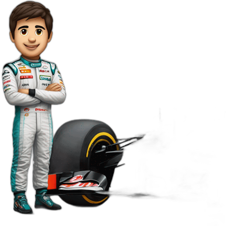 Checo Pérez junto a su carro de fórmula 1 emoji