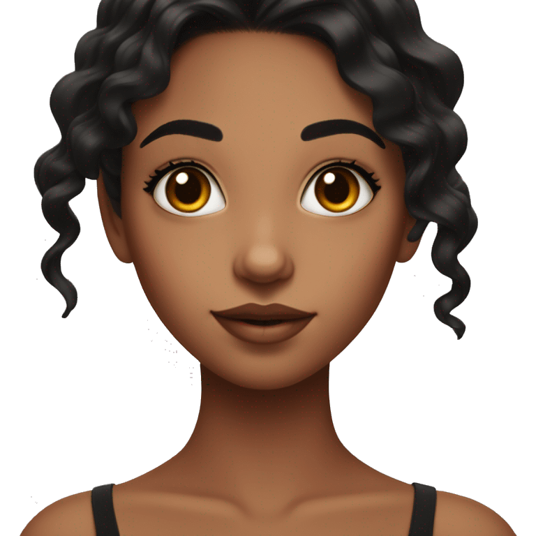 girl with wavy black hair, medium length lashes. Beauty spot above right eyebrow emoji