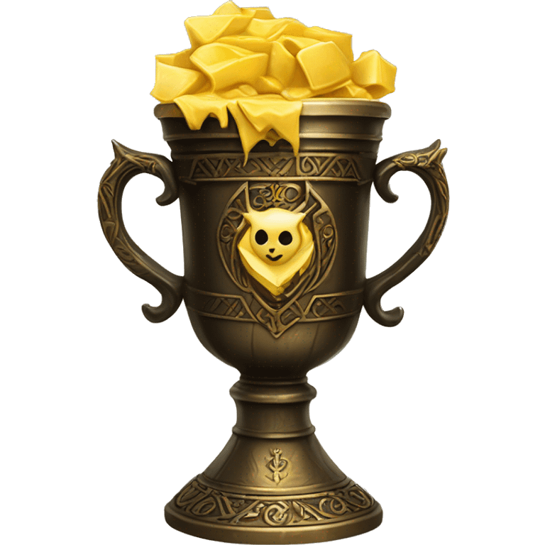 The Hufflepuff Cup is a small, golden cup adorned with intricate designs, serving as one of Voldemort's Horcruxes to safeguard a piece of his soul, ensuring his immortality. emoji