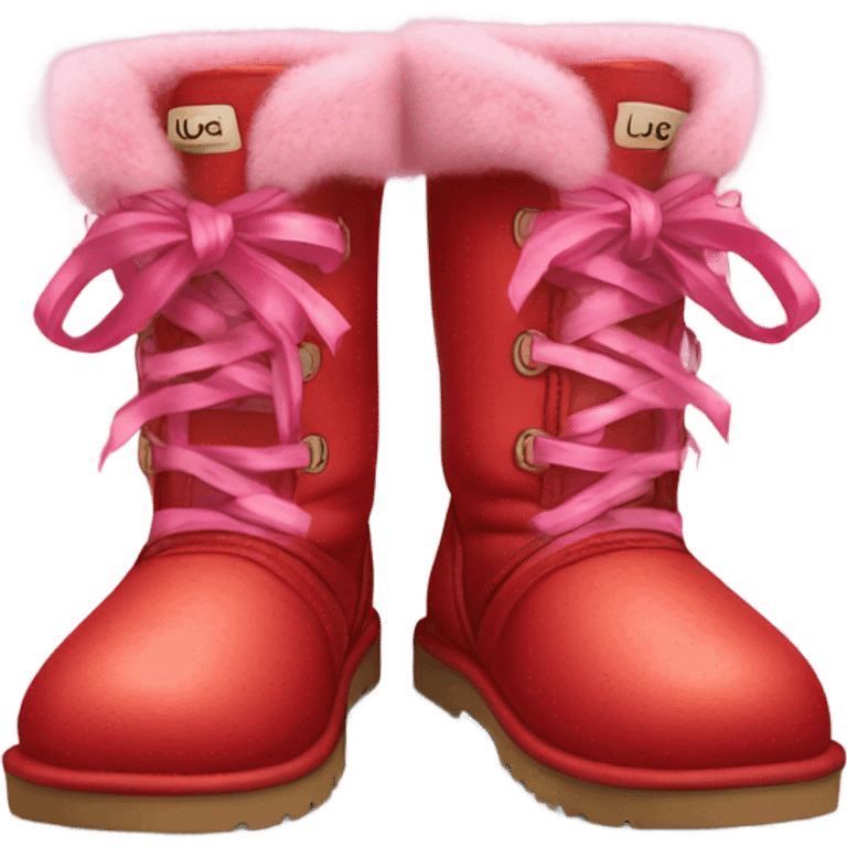 Pair of Realistic Red Ugg Fur Boots laced up with pink silk ribbon laces at the back of them. emoji