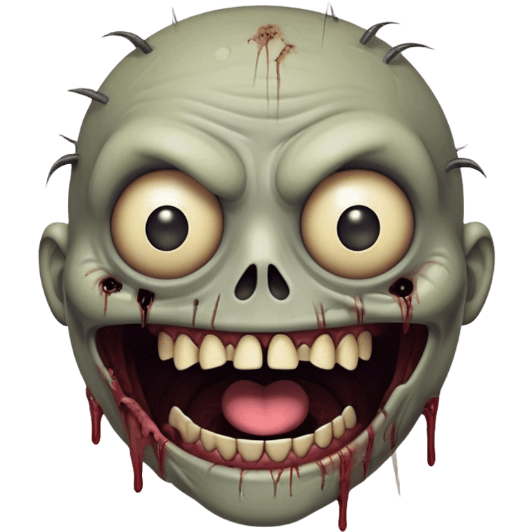 Cinematic Comical Zombie Portrait Emoji, with a grotesquely exaggerated yet playful decaying face in muted ashen tones, head cocked in a dramatically shocked expression with wildly comical, googly eyes and a gaping, silly grin revealing quirky stitches, simplified yet hilariously expressive, highly detailed with a soft eerie glowing outline capturing the absurd humor of a zombie in comic disbelief! emoji